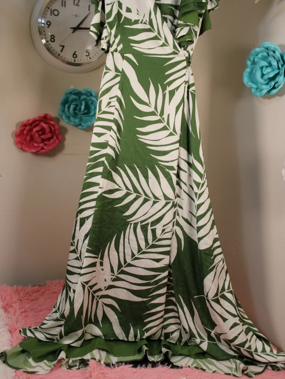 Ruche Green and White Palm-Print Wrap Maxi Dress - Picture 3 of 8